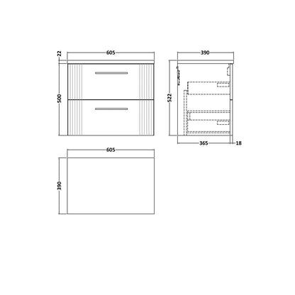 Nuie Deco 600 Wall Hung 2-drawer Vanity & Laminate Worktop Contemporary Satin Green MFC Painted Gloss 522x605x390mm - JJ Building Materials