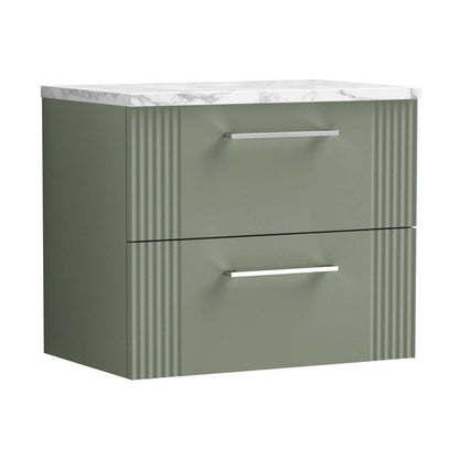 Nuie Deco 600 Wall Hung 2-drawer Vanity & Laminate Worktop Contemporary Satin Green MFC Painted Gloss 522x605x390mm - JJ Building Materials