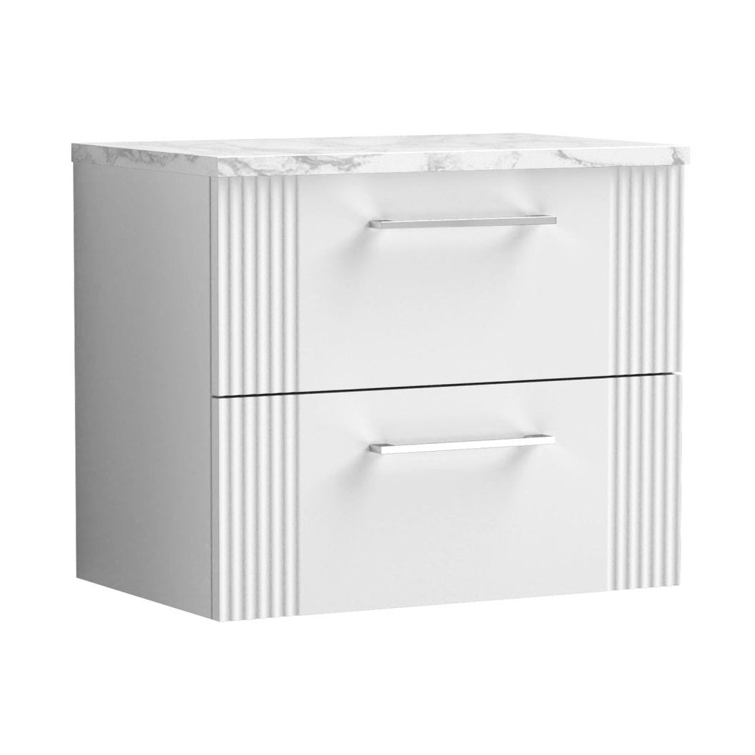 Nuie Deco 600 Wall Hung 2-drawer Vanity & Laminate Worktop Contemporary Satin White MFC Painted Gloss 522x605x390mm - JJ Building Materials