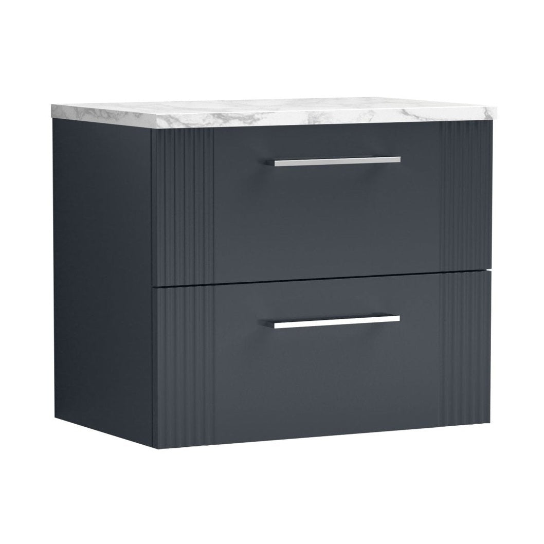 Nuie Deco 600 Wall Hung 2-drawer Vanity & Laminate Worktop Contemporary Soft Black MFC Painted Gloss 522x605x390mm - JJ Building Materials