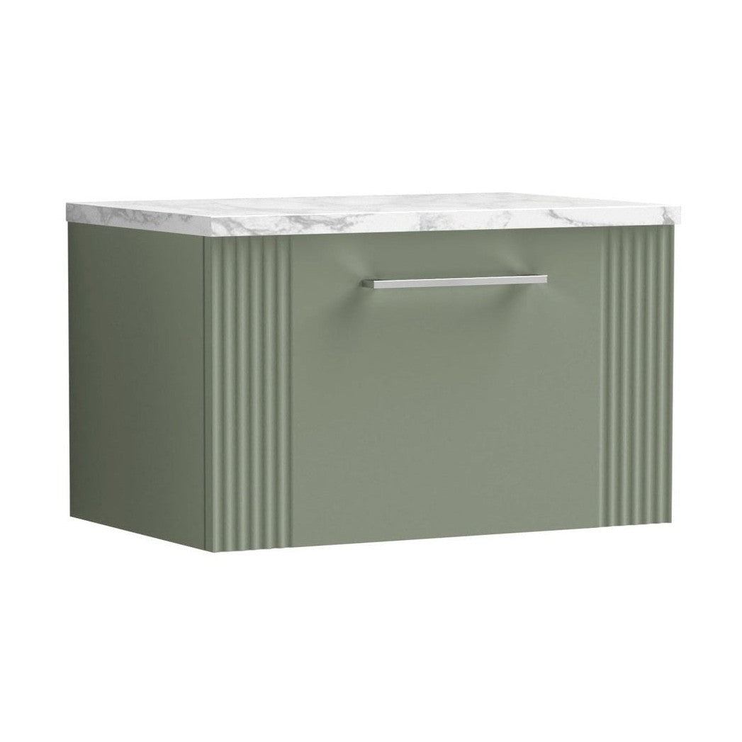 Nuie Deco 600 Wall Hung Single Drawer Vanity & Laminate Worktop Contemporary Satin Green MFC Painted Gloss 381x605x390mm - JJ Building Materials
