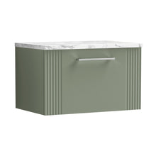 Nuie Deco 600 Wall Hung Single Drawer Vanity & Laminate Worktop Contemporary Satin Green MFC Painted Gloss 381x605x390mm - JJ Building Materials