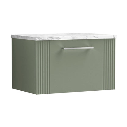 Nuie Deco 600 Wall Hung Single Drawer Vanity & Laminate Worktop Contemporary Satin Green MFC Painted Gloss 381x605x390mm - JJ Building Materials