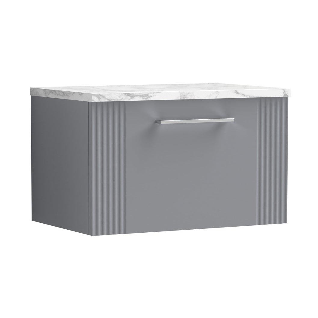 Nuie Deco 600 Wall Hung Single Drawer Vanity & Laminate Worktop Contemporary Satin Grey MFC Painted Gloss 381x605x390mm - JJ Building Materials