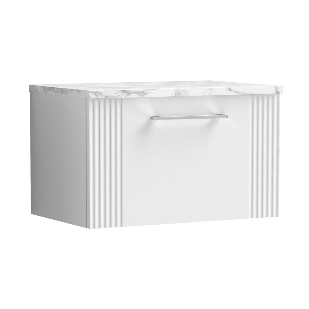 Nuie Deco 600 Wall Hung Single Drawer Vanity & Laminate Worktop Contemporary Satin White MFC Painted Gloss 381x605x390mm - JJ Building Materials