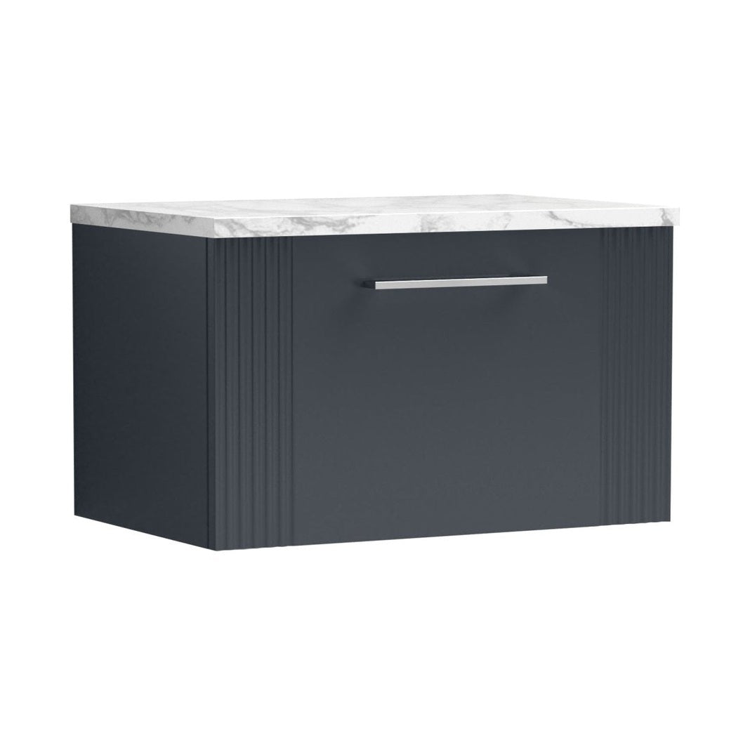 Nuie Deco 600 Wall Hung Single Drawer Vanity & Laminate Worktop Contemporary Soft Black MFC Painted Gloss 381x605x390mm - JJ Building Materials