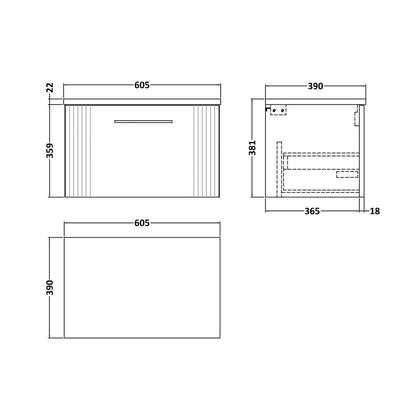 Nuie Deco 600 Wall Hung Single Drawer Vanity & Laminate Worktop Contemporary Soft Black MFC Painted Gloss 381x605x390mm - JJ Building Materials
