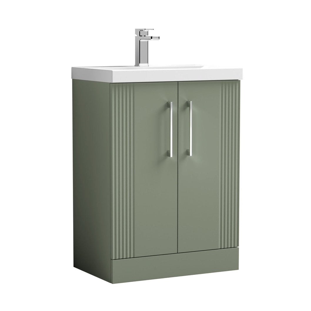 Nuie Deco 600mm Floor Standing 2 Door Vanity & Basin 1 Contemporary Satin Green MFC Painted Gloss 850x610x390mm - JJ Building Materials