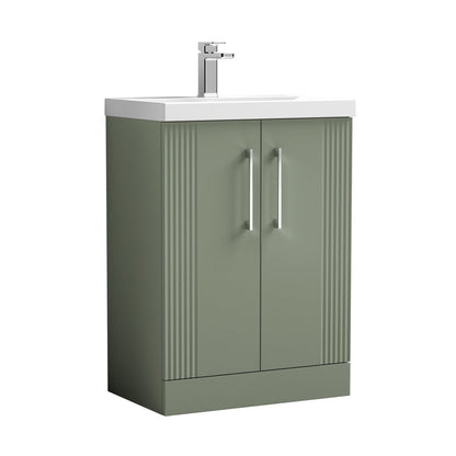Nuie Deco 600mm Floor Standing 2 Door Vanity & Basin 1 Contemporary Satin Green MFC Painted Gloss 850x610x390mm - JJ Building Materials