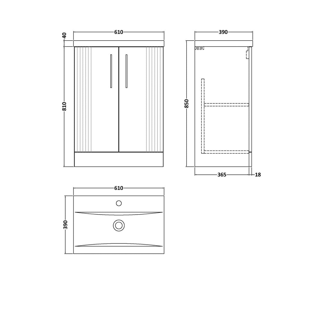 Nuie Deco 600mm Floor Standing 2 Door Vanity & Basin 1 Contemporary Satin Grey MFC Painted Gloss 850x610x390mm - JJ Building Materials
