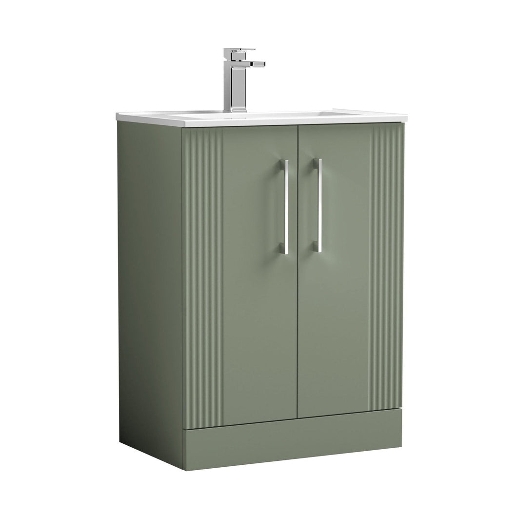 Nuie Deco 600mm Floor Standing 2 Door Vanity & Basin 2 Contemporary Satin Green MFC Painted Gloss 828x605x395mm - JJ Building Materials