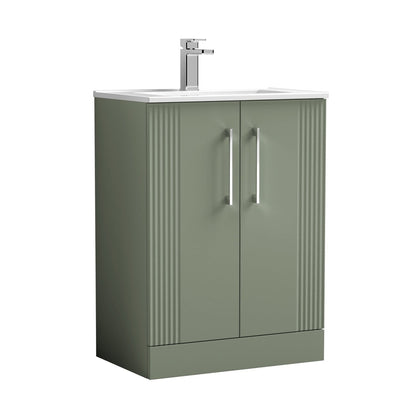 Nuie Deco 600mm Floor Standing 2 Door Vanity & Basin 2 Contemporary Satin Green MFC Painted Gloss 828x605x395mm - JJ Building Materials