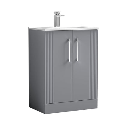 Nuie Deco 600mm Floor Standing 2 Door Vanity & Basin 2 Contemporary Satin Grey MFC Painted Gloss 828x605x395mm - JJ Building Materials