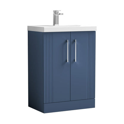 Nuie Deco 600mm Floor Standing 2 Door Vanity & Basin 3 Contemporary Satin Blue MFC Painted Gloss 860x610x395mm - JJ Building Materials