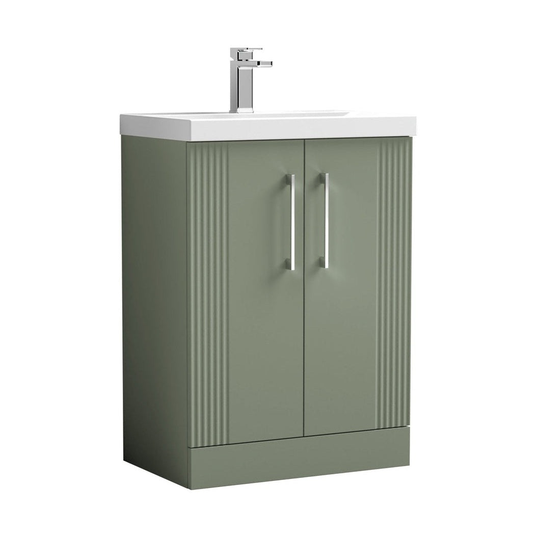 Nuie Deco 600mm Floor Standing 2 Door Vanity & Basin 3 Contemporary Satin Green MFC Painted Gloss 860x610x395mm - JJ Building Materials