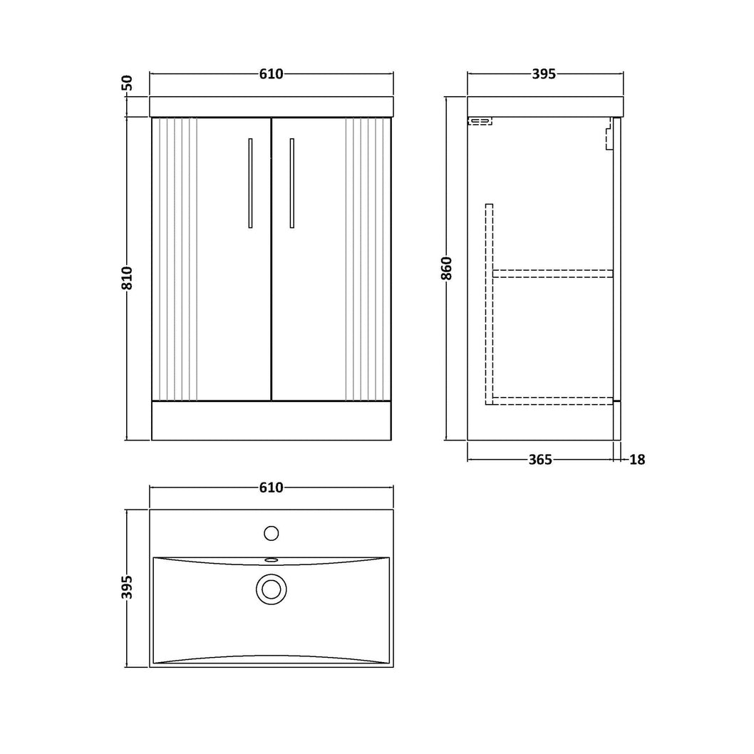 Nuie Deco 600mm Floor Standing 2 Door Vanity & Basin 3 Contemporary Satin White MFC Painted Gloss 860x610x395mm - JJ Building Materials