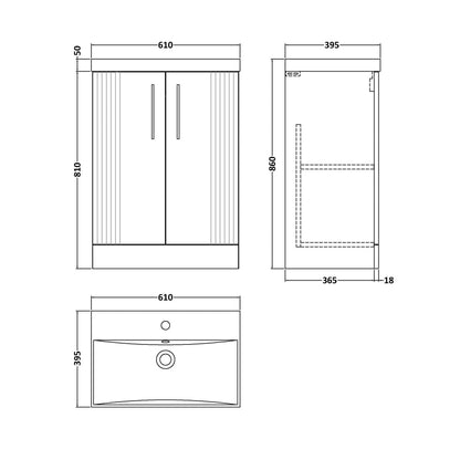Nuie Deco 600mm Floor Standing 2 Door Vanity & Basin 3 Contemporary Satin White MFC Painted Gloss 860x610x395mm - JJ Building Materials