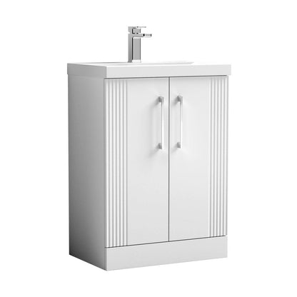 Nuie Deco 600mm Floor Standing 2 Door Vanity & Basin 3 Contemporary Satin White MFC Painted Gloss 860x610x395mm - JJ Building Materials