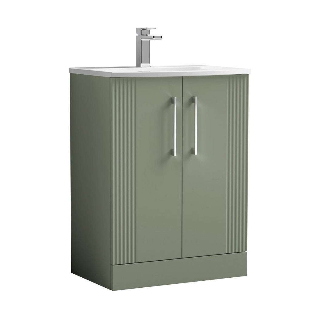 Nuie Deco 600mm Floor Standing 2 Door Vanity & Basin 4 Contemporary Satin Green MFC Painted Gloss 840x610x440mm - JJ Building Materials