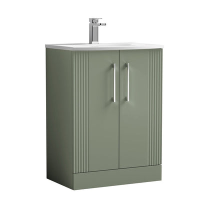 Nuie Deco 600mm Floor Standing 2 Door Vanity & Basin 4 Contemporary Satin Green MFC Painted Gloss 840x610x440mm - JJ Building Materials