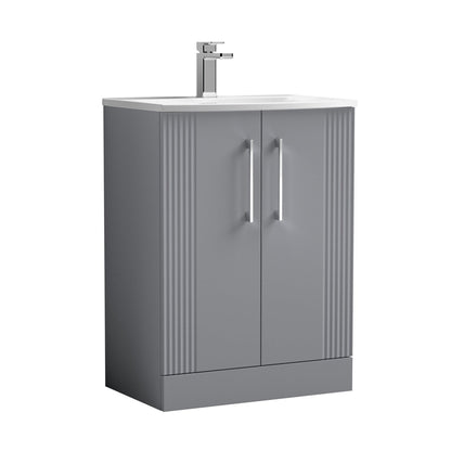 Nuie Deco 600mm Floor Standing 2 Door Vanity & Basin 4 Contemporary Satin Grey MFC Painted Gloss 840x610x440mm - JJ Building Materials