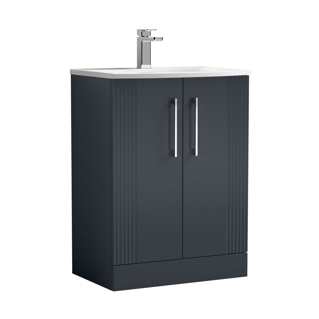 Nuie Deco 600mm Floor Standing 2 Door Vanity & Basin 4 Contemporary Soft Black MFC Painted Gloss 840x610x440mm - JJ Building Materials