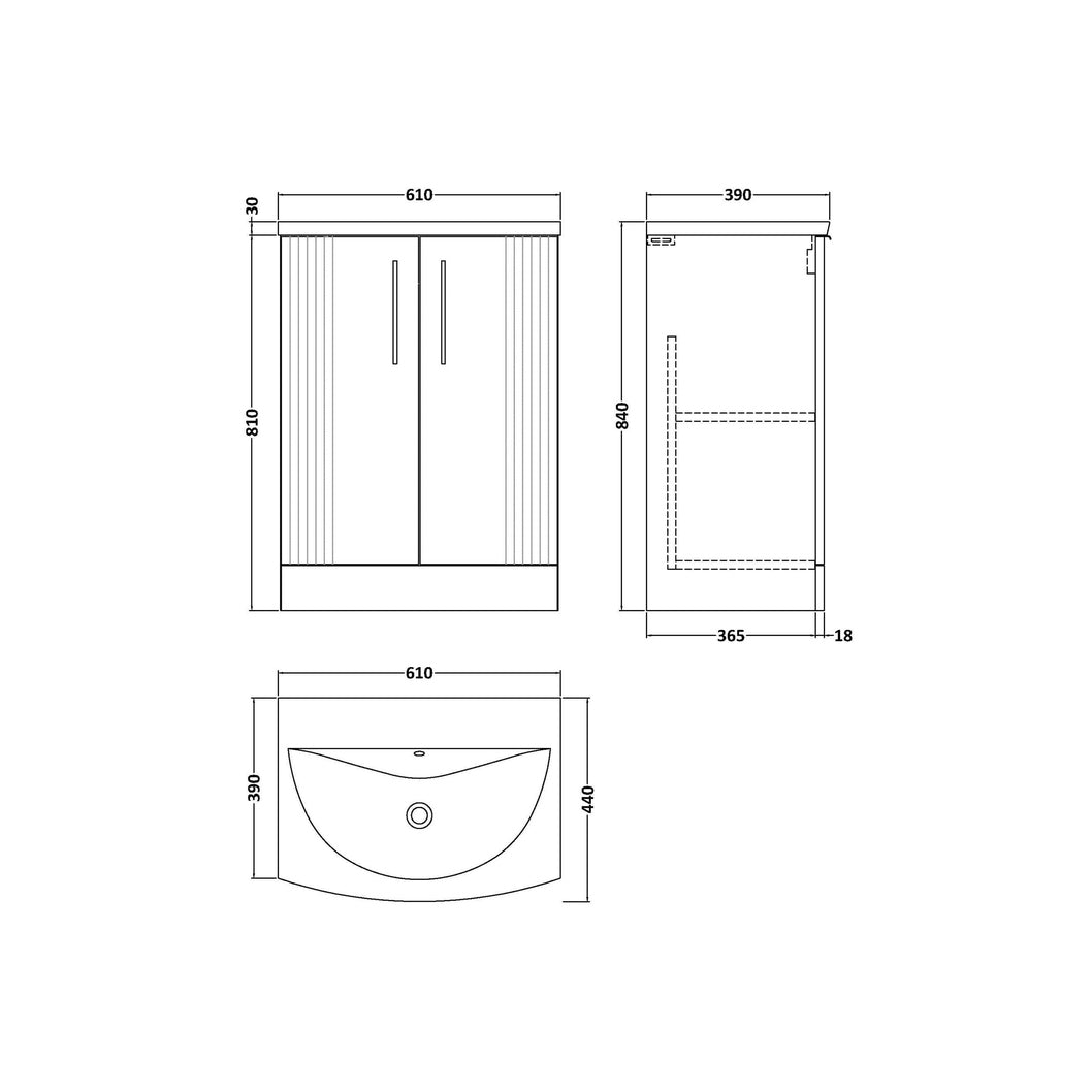 Nuie Deco 600mm Floor Standing 2 Door Vanity & Basin 4 Contemporary Soft Black MFC Painted Gloss 840x610x440mm - JJ Building Materials