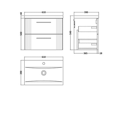 Nuie Deco 600mm Wall Hung 2 Drawer Vanity & Basin 1 Contemporary Satin Blue MFC Painted Gloss 540x610x390mm - JJ Building Materials