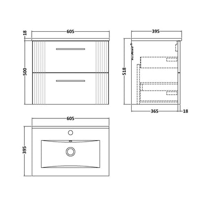 Nuie Deco 600mm Wall Hung 2 Drawer Vanity & Basin 2 Contemporary Satin Green MFC Painted Gloss 518x605x395mm - JJ Building Materials
