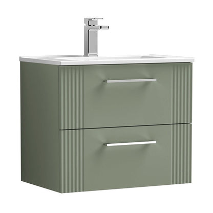 Nuie Deco 600mm Wall Hung 2 Drawer Vanity & Basin 2 Contemporary Satin Green MFC Painted Gloss 518x605x395mm - JJ Building Materials