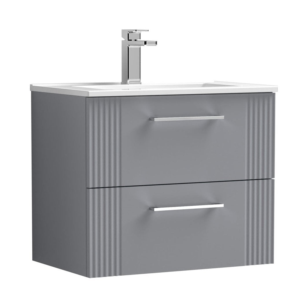 Nuie Deco 600mm Wall Hung 2 Drawer Vanity & Basin 2 Contemporary Satin Grey MFC Painted Gloss 518x605x395mm - JJ Building Materials