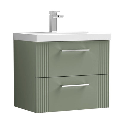 Nuie Deco 600mm Wall Hung 2 Drawer Vanity & Basin 3 Contemporary Satin Green MFC Painted Gloss 550x610x395mm - JJ Building Materials