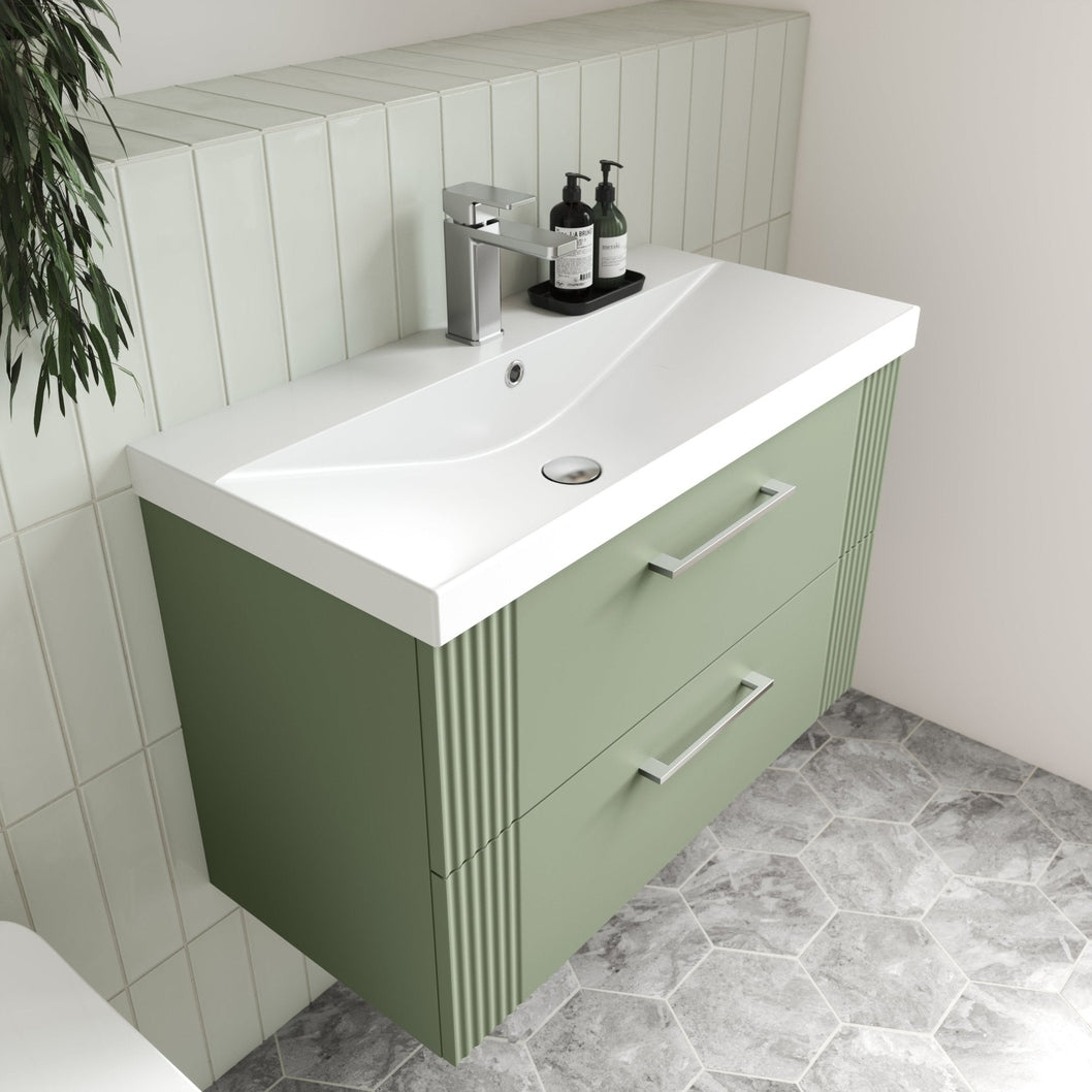 Nuie Deco 600mm Wall Hung 2 Drawer Vanity & Basin 3 Contemporary Satin Green MFC Painted Gloss 550x610x395mm - JJ Building Materials