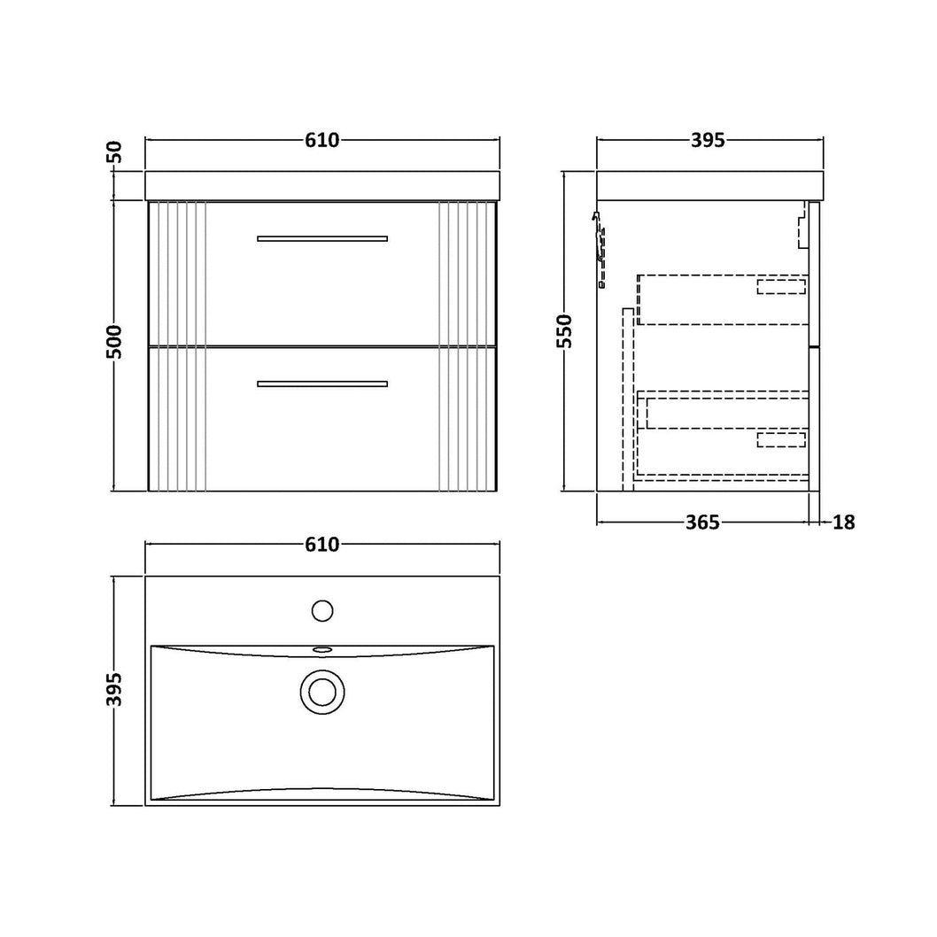 Nuie Deco 600mm Wall Hung 2 Drawer Vanity & Basin 3 Contemporary Satin Green MFC Painted Gloss 550x610x395mm - JJ Building Materials
