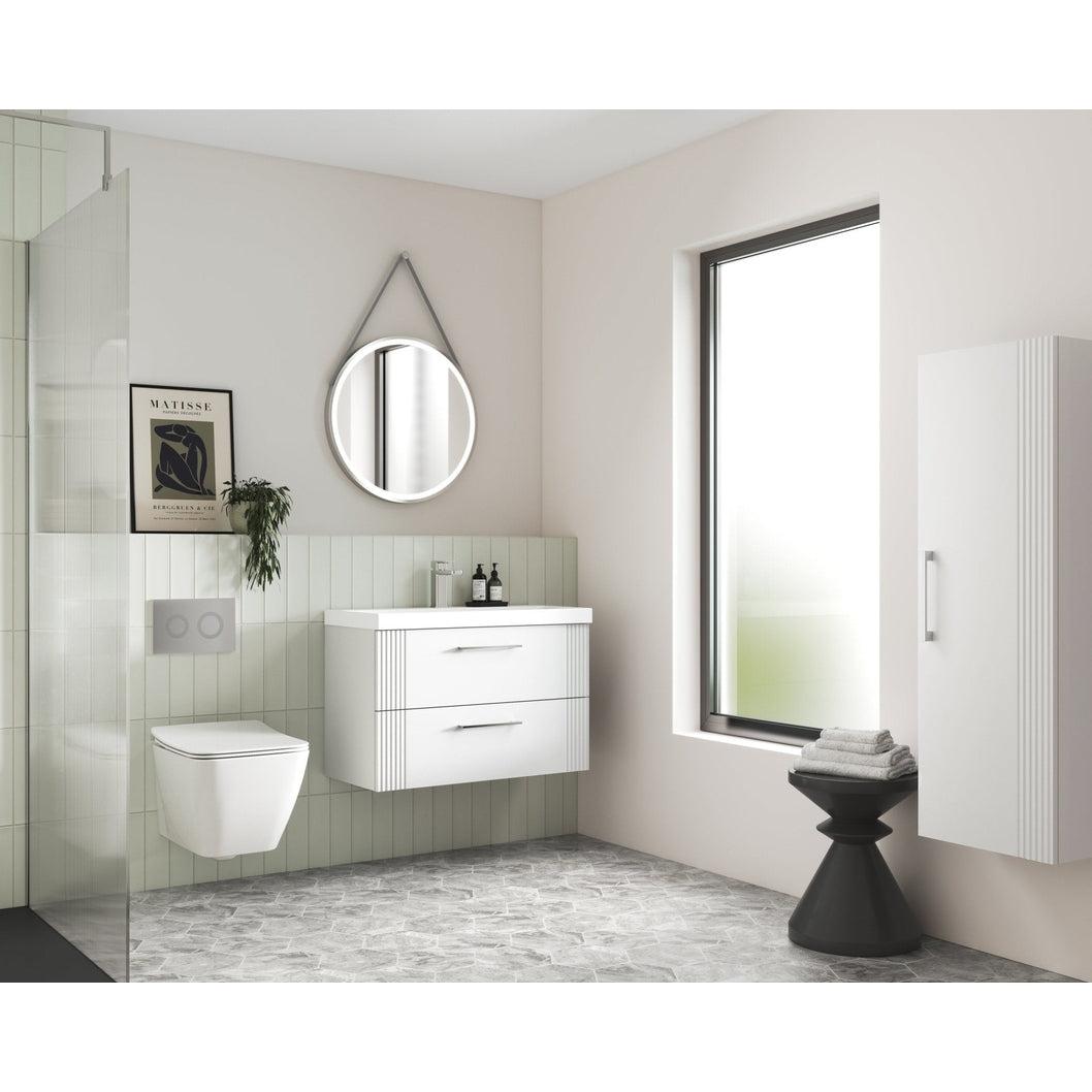 Nuie Deco 600mm Wall Hung 2 Drawer Vanity & Basin 3 Contemporary Satin White MFC Painted Gloss 550x610x395mm - JJ Building Materials