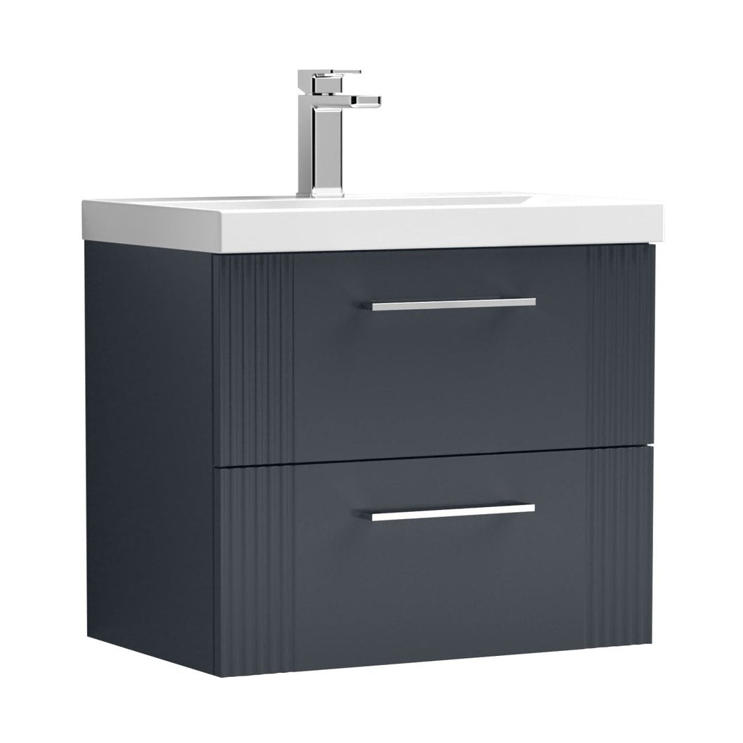 Nuie Deco 600mm Wall Hung 2 Drawer Vanity & Basin 3 Contemporary Soft Black MFC Painted Gloss 550x610x395mm - JJ Building Materials