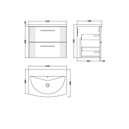Nuie Deco 600mm Wall Hung 2 Drawer Vanity & Basin 4 Contemporary Satin Blue MFC Painted Gloss 530x610x440mm - JJ Building Materials