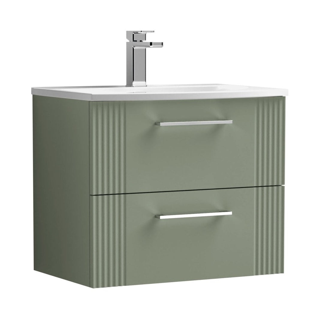 Nuie Deco 600mm Wall Hung 2 Drawer Vanity & Basin 4 Contemporary Satin Green MFC Painted Gloss 530x610x440mm - JJ Building Materials