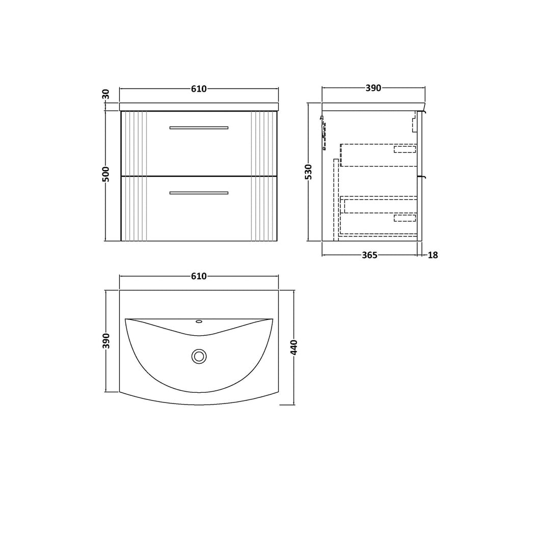 Nuie Deco 600mm Wall Hung 2 Drawer Vanity & Basin 4 Contemporary Soft Black MFC Painted Gloss 530x610x440mm - JJ Building Materials