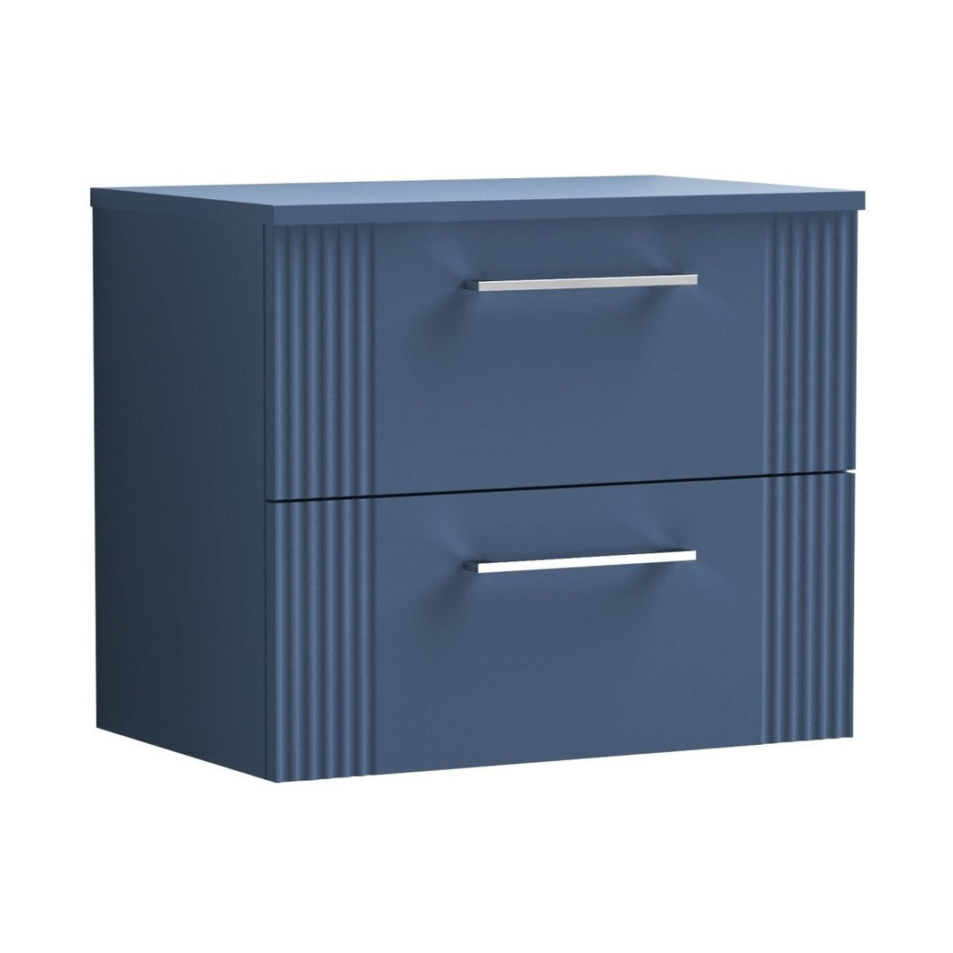 Nuie Deco 600mm Wall Hung 2 Drawer Vanity & Worktop Contemporary Satin Blue MFC Painted Gloss 518x605x390mm - JJ Building Materials