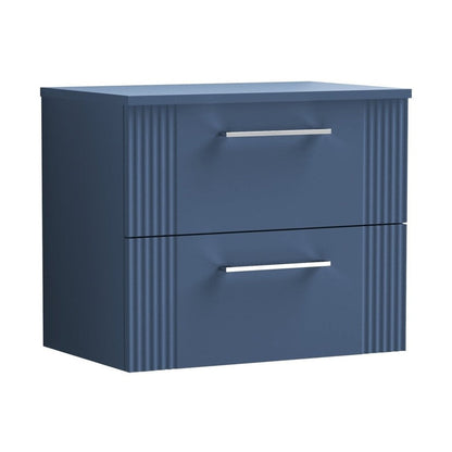 Nuie Deco 600mm Wall Hung 2 Drawer Vanity & Worktop Contemporary Satin Blue MFC Painted Gloss 518x605x390mm - JJ Building Materials