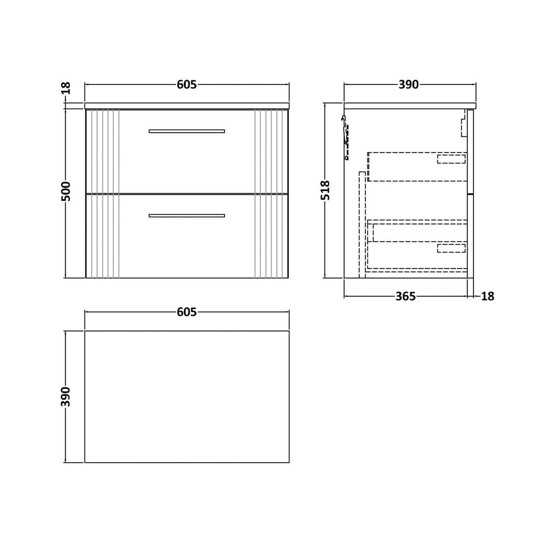 Nuie Deco 600mm Wall Hung 2 Drawer Vanity & Worktop Contemporary Satin Green MFC Painted Gloss 518x605x390mm - JJ Building Materials