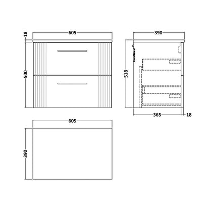Nuie Deco 600mm Wall Hung 2 Drawer Vanity & Worktop Contemporary Satin Green MFC Painted Gloss 518x605x390mm - JJ Building Materials