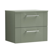Nuie Deco 600mm Wall Hung 2 Drawer Vanity & Worktop Contemporary Satin Green MFC Painted Gloss 518x605x390mm - JJ Building Materials
