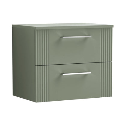Nuie Deco 600mm Wall Hung 2 Drawer Vanity & Worktop Contemporary Satin Green MFC Painted Gloss 518x605x390mm - JJ Building Materials