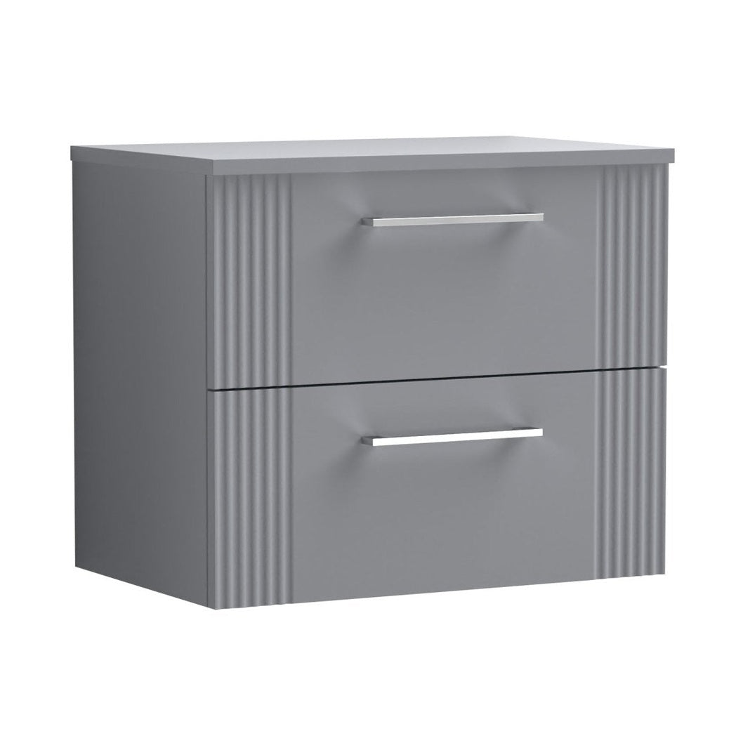 Nuie Deco 600mm Wall Hung 2 Drawer Vanity & Worktop Contemporary Satin Grey MFC Painted Gloss 518x605x390mm - JJ Building Materials