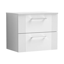 Nuie Deco 600mm Wall Hung 2 Drawer Vanity & Worktop Contemporary Satin White MFC Painted Gloss 518x605x390mm - JJ Building Materials