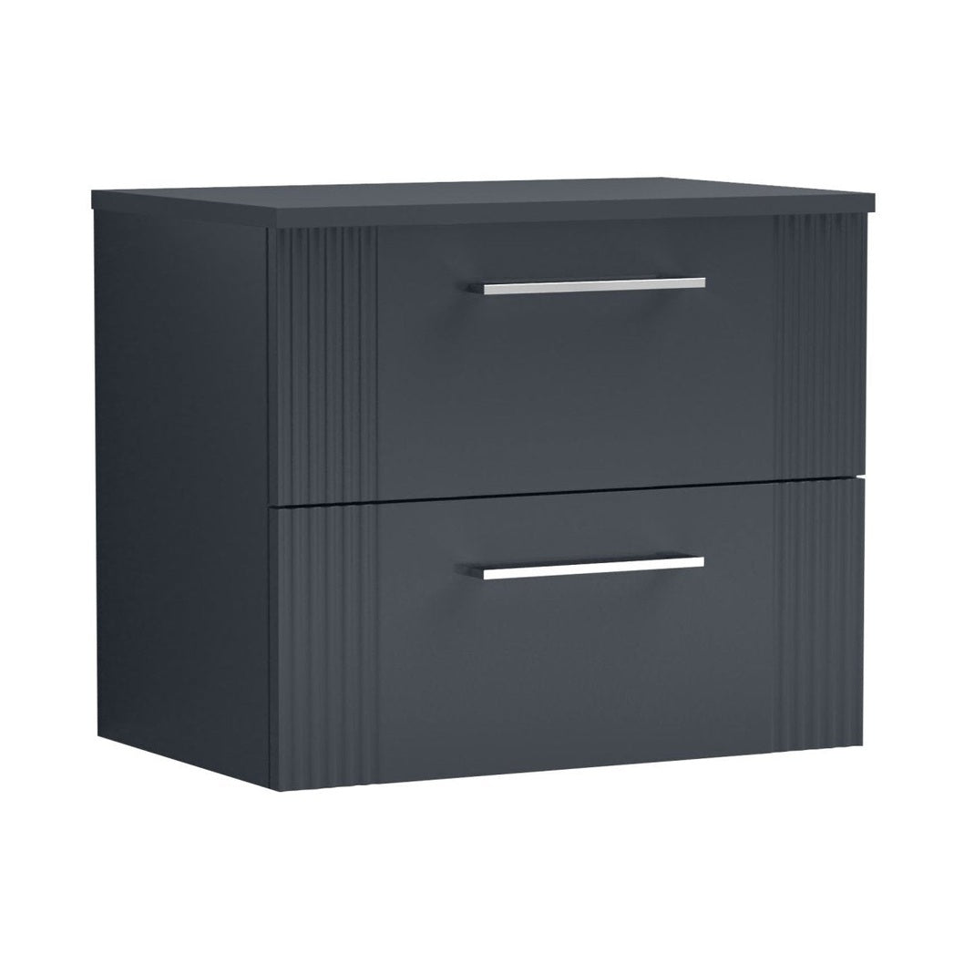 Nuie Deco 600mm Wall Hung 2 Drawer Vanity & Worktop Contemporary Soft Black MFC Painted Gloss 518x605x390mm - JJ Building Materials