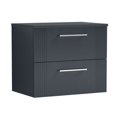 Nuie Deco 600mm Wall Hung 2 Drawer Vanity & Worktop Contemporary Soft Black MFC Painted Gloss 518x605x390mm - JJ Building Materials