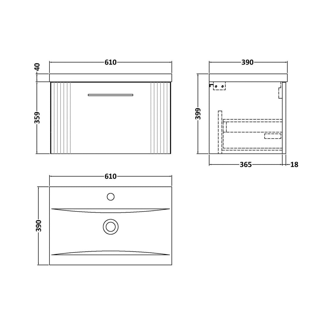 Nuie Deco 600mm Wall Hung Single Drawer Vanity & Basin 1 Contemporary Satin Green MFC Painted Gloss 399x610x390mm - JJ Building Materials